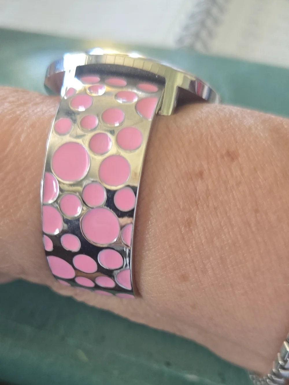 Geneva Silver-Tone Watch with Pink Polka Dot Dial and Strap